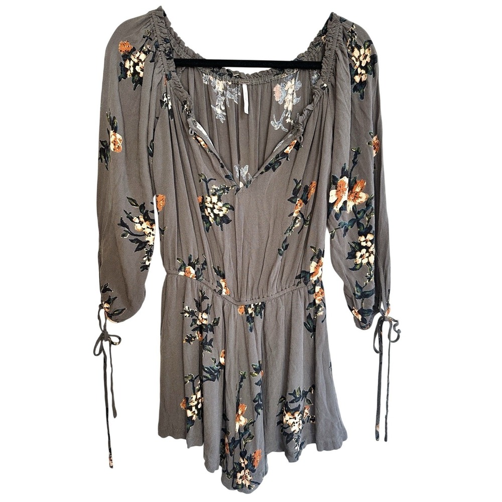 Free People Grey Floral Romper Long Sleeve V-Neck Boho Tie Cuff Small Beach Boho